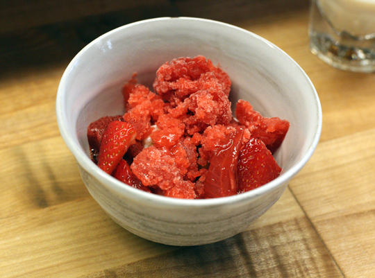 Vivid strawberry granita with tapioca.