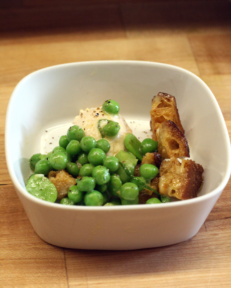Whipped trout with peas, mint and croutons from the rolling cart.