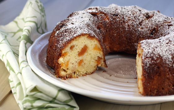 The cake, with its unusual batter, is baked in a Bundt pan.