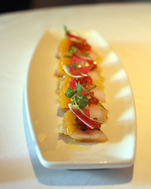 A popular starter of hamachi sashimi at Absinthe Brasserie and Bar in San Francisco.