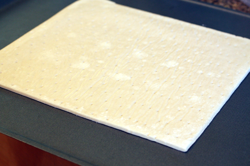 The puff pastry comes in a sheet that you don't even have to unfold. Just let thaw.