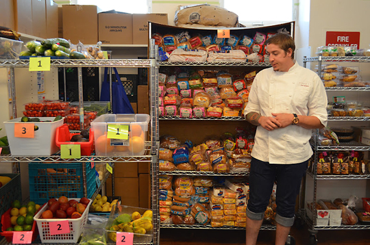 Chef Joey Elenterio of Chez TJ shops in the food pantry for ingredients for his dish. (Photo courtesy of West Valley Community Services) Chef Joey Elenterio of Chez TJ shops in the food pantry for ingredients for his dish. (Photo courtesy of West Valley Community Services)