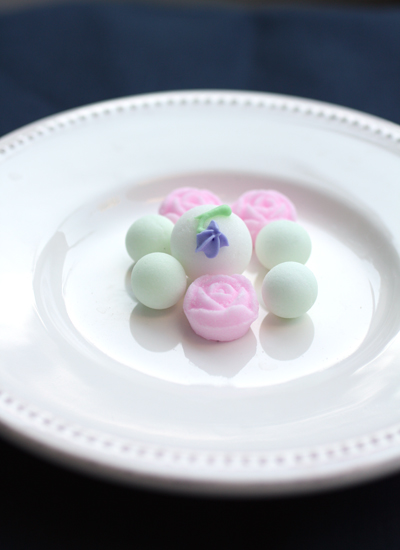 Fanciful sugar balls and flowers.