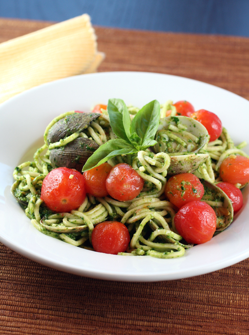 Smoked linguini with clams, pesto and peeled cherry tomatoes -- all from scratch.