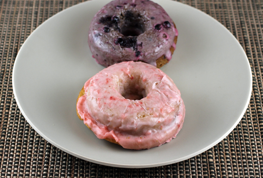 Strawberry and Blueberry Earl Grey donuts that are baked, not fried.