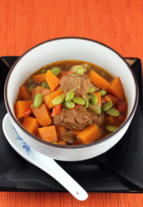 Dig into a bowl of savory pork stew with miso, sweet potatoes and edamame.