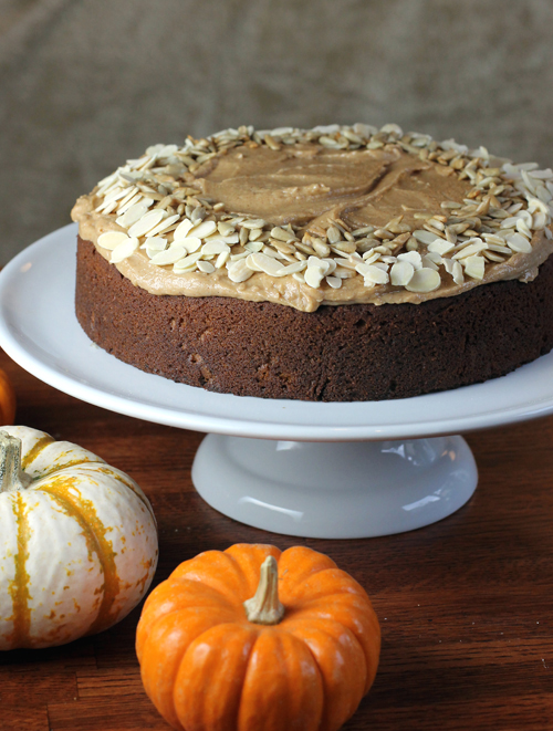 Moist pumpkin cake slathered with thick almond butter frosting.