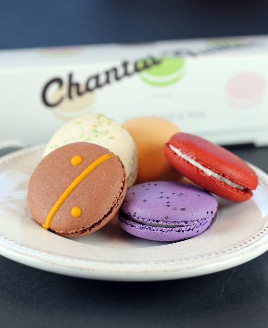 Chocolate Yuzu, Lavender Cassis and Red Velvet macarons from Chantal Guillon.