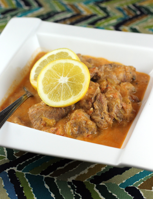 A velvety sauce enriched with egg and lemon juice makes this pork stew irresistible.