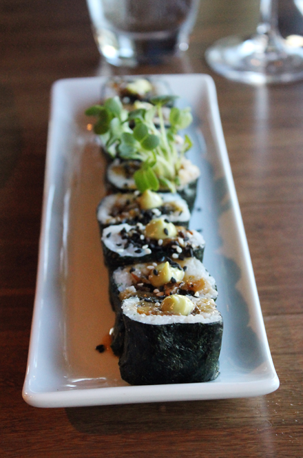 Glazed pork belly makes an appearance in a maki roll at Justin's in Santa Clara.