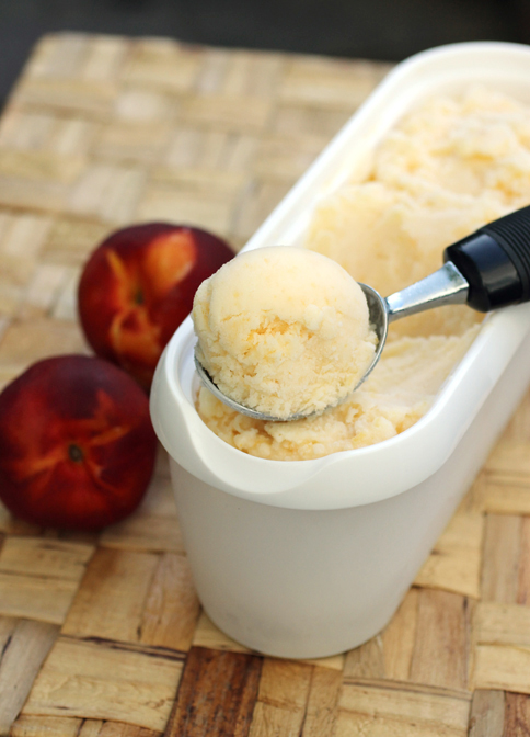 Buttermilk ice cream with chunks of peaches and nectarines.