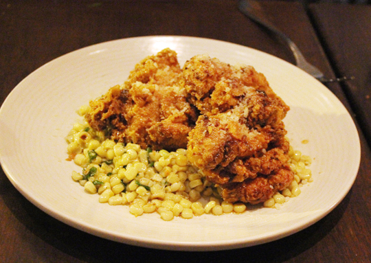 Fried chicken with corn.