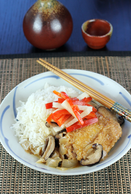 Miso-smothered chicken with tangy, crunchy jicama pickles.