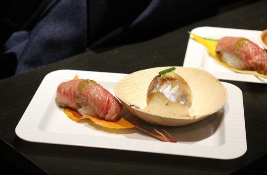 Exquisite Japanese mackerel and miso-marinated seared Japanese Wagyu sushi by Chef Andy Matsuda.