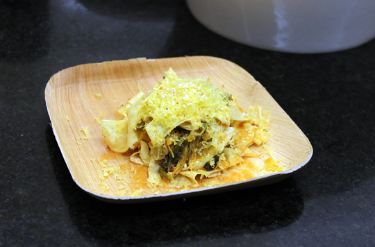 Brioza's yuba with spicy kimchi and his house-made smoked, cured chicken egg "bottarga."