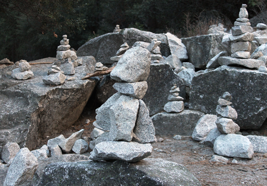 Rock sculptures created by visitors to Mirror Lake.