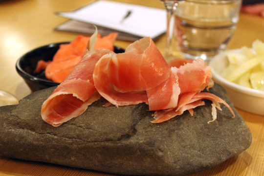 Shave slices of Kentucky ham.