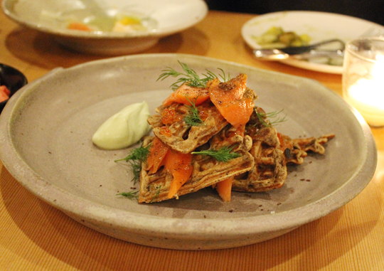 Smoked trout with buckwheat waffle.