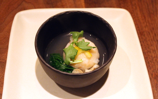Shrimp-scallop dumpling in broth.