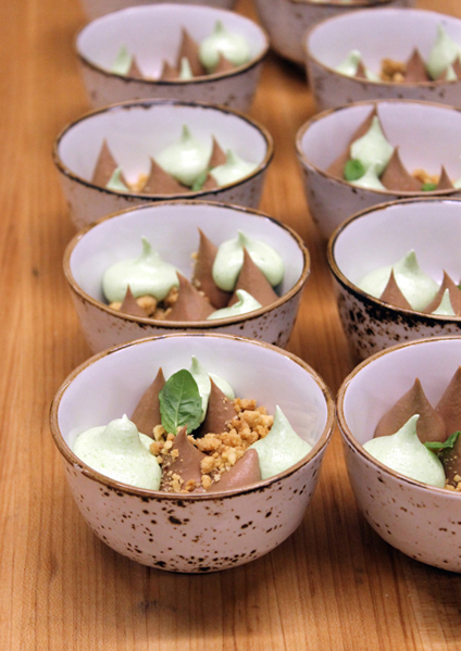 Milk chocolate cream with basil meringue and hazelnut crumble. (Photo by Carolyn Jung)
