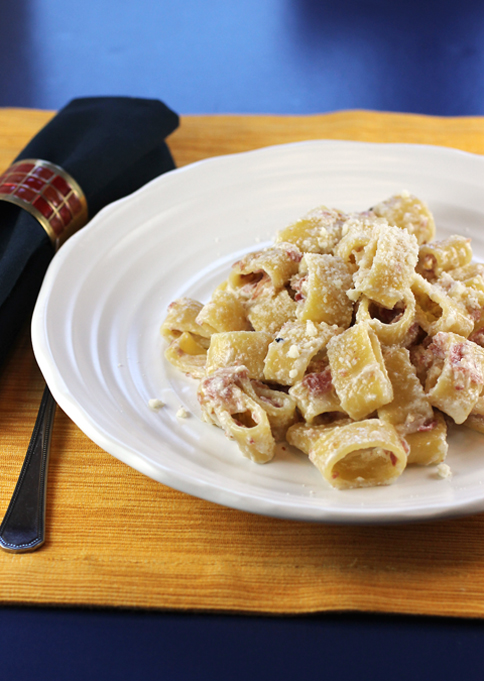 Big rings of pasta in a creamy, pancetta-fied sauce.