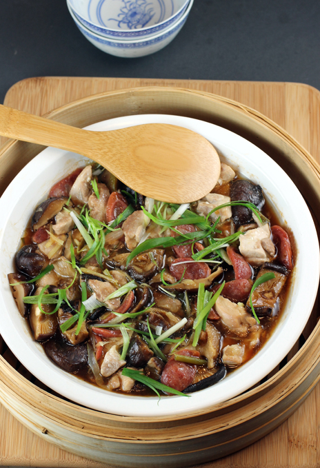 A favorite chicken and Chinese sausage dish that's steamed.
