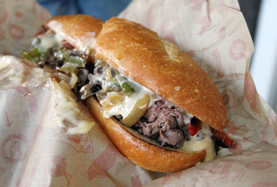 A closer look at the Philly cheesesteak.