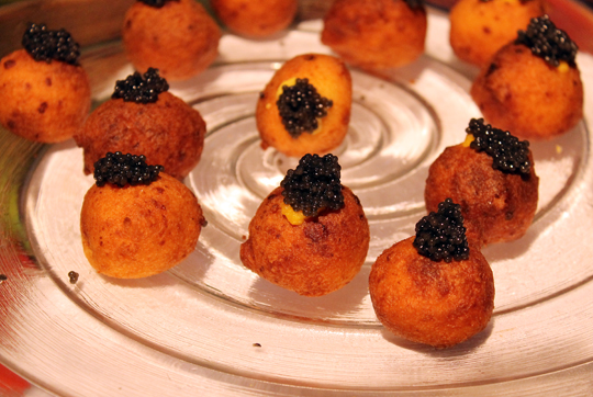 Corn-ricotta doughnuts with caviar from Waterbar.