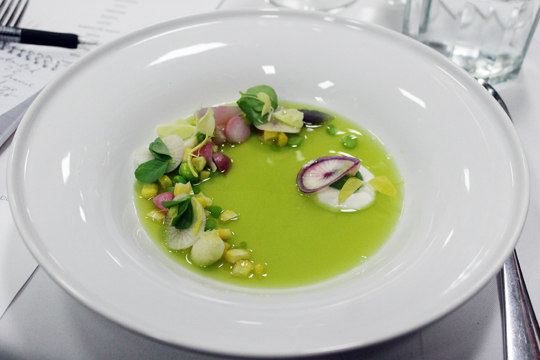 Course #10: Pistou. The pea liquid left over from spinning the peas in the centrifuge is made into a broth that tastes of sweet, sweet peas.