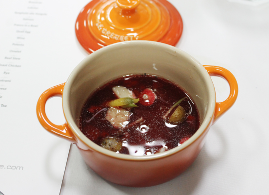 Course #24: Beef Stew. Myhrvold wanted to make a rare beef consomme. The brilliant magenta color was set with the help of carbon monoxide.