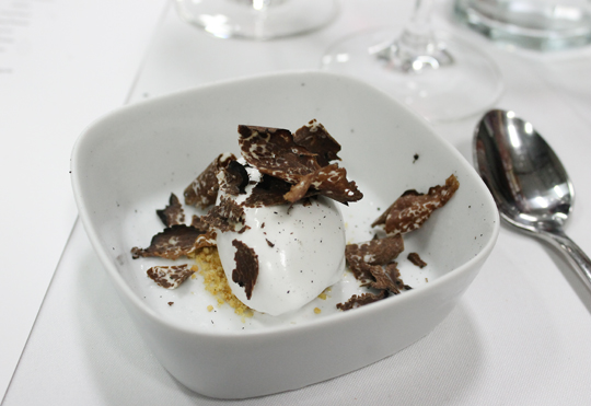 Course #31: Truffle. It turns out to be chocolate made to look like a truffle, complete with striations. It's served with coconut ice cream and almond nougatine.