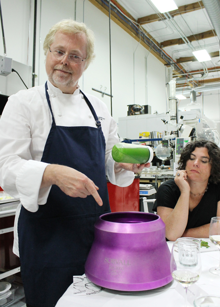 Myhrvold delights in telling everyone how the pea dish was created. Chef Renee Erickson looks on with disbelief.