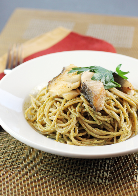 Crisp red snapper and a creamy, nutty Italian agliata sauce make this pasta something special.