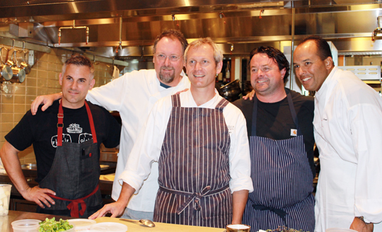 The guest chefs in the kitchen (L to R): David Bazirgan, Patrick Mulvaney, Mark Dommen, Douglas Keane and Victor Scargle.