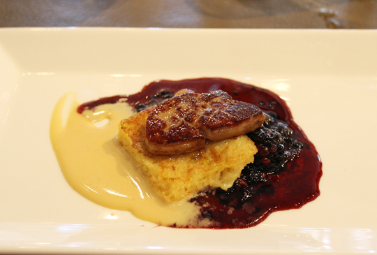 Dessert -- yes, dessert! -- of seared foie gras on pan perdu with boysenberry and caramel cremeux by Chef Patrick Mulvaney.