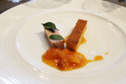 Terrine of foie grsa with brioche, stone fruit, almond and vadouvan by Chef David Barzirgan.