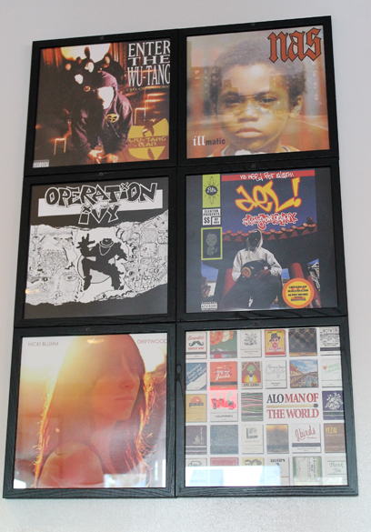 Old album covers grace the walls.