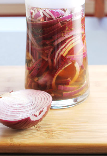 Just-made pickled red onions.