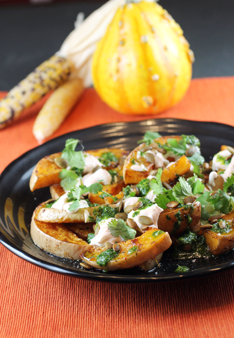 Butternut squash gets drizzled with Sriracha-spiked yogurt and more.