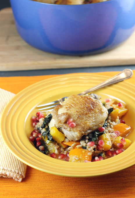 Dig into a bowl of tender chicken, squash, pomegranate seeds and kale. What more could you want?