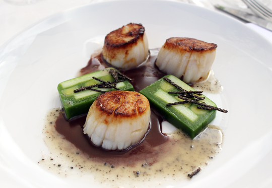 Perfect day boat scallops with a mosaic terrine of potato, leek and black truffle.