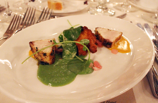 The first course by Ahwahnee Executive Chef Percy Whatley featured seared yellowtail with sea urchin-brown butter emulsion.