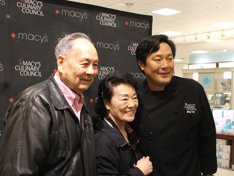 The chef with his parents, Stephen and Iris Tsai, who drove down from Palo Alto to be at his demo. (Photo by Carolyn Jung)