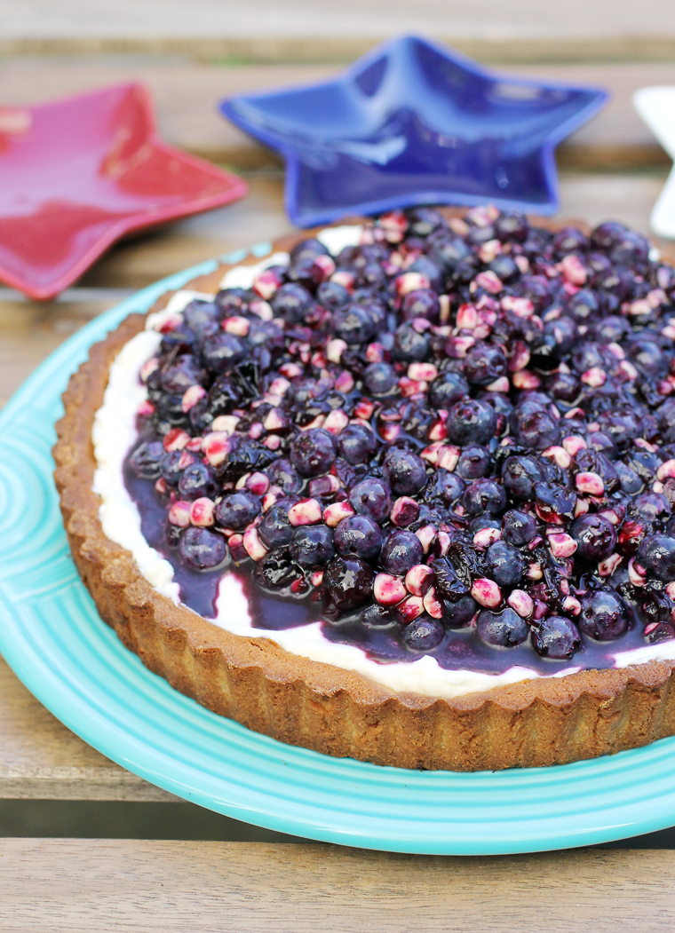 A dazzling tart topped with blueberries and corn. Yes, corn!