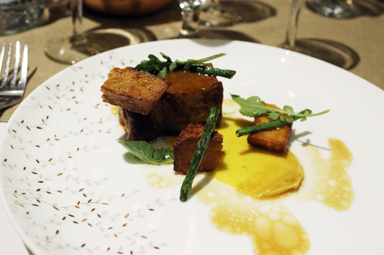 Chef Johnny Madriaga's pork belly and braised tofu with plantain puree and long beans.