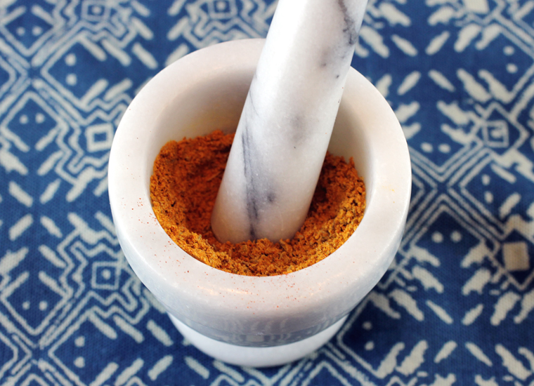 A simple spice mix gets pounded in seconds with a mortar and pestle.