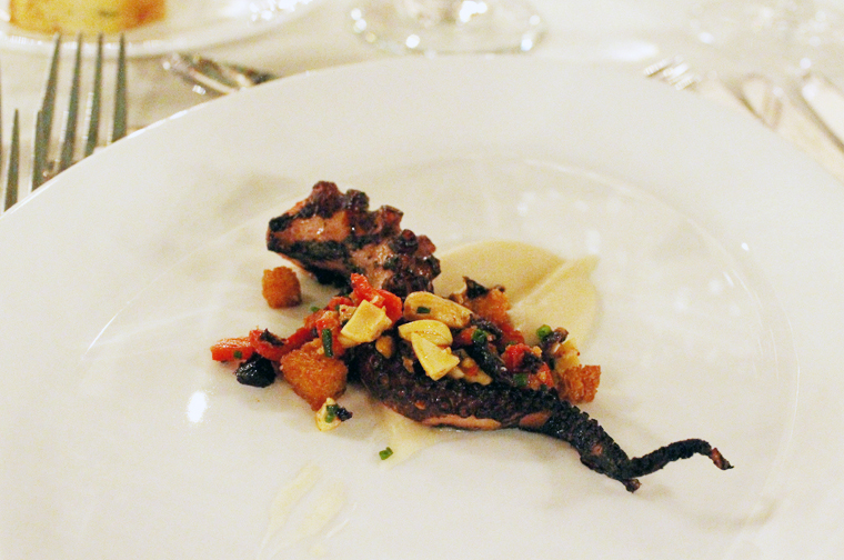 Ken Frank's grilled octopus with piquillo pepper and black olives.