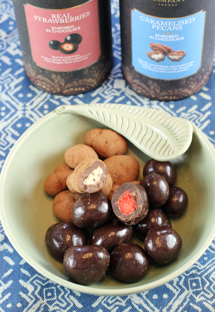 Chocolate-covered pecans, and chocolate-covered freeze-dried strawberries.