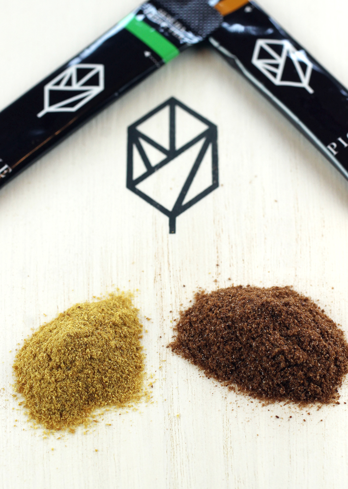 Mint Sencha green tea crystals on the left; Earl Grey tea crystals on the right.