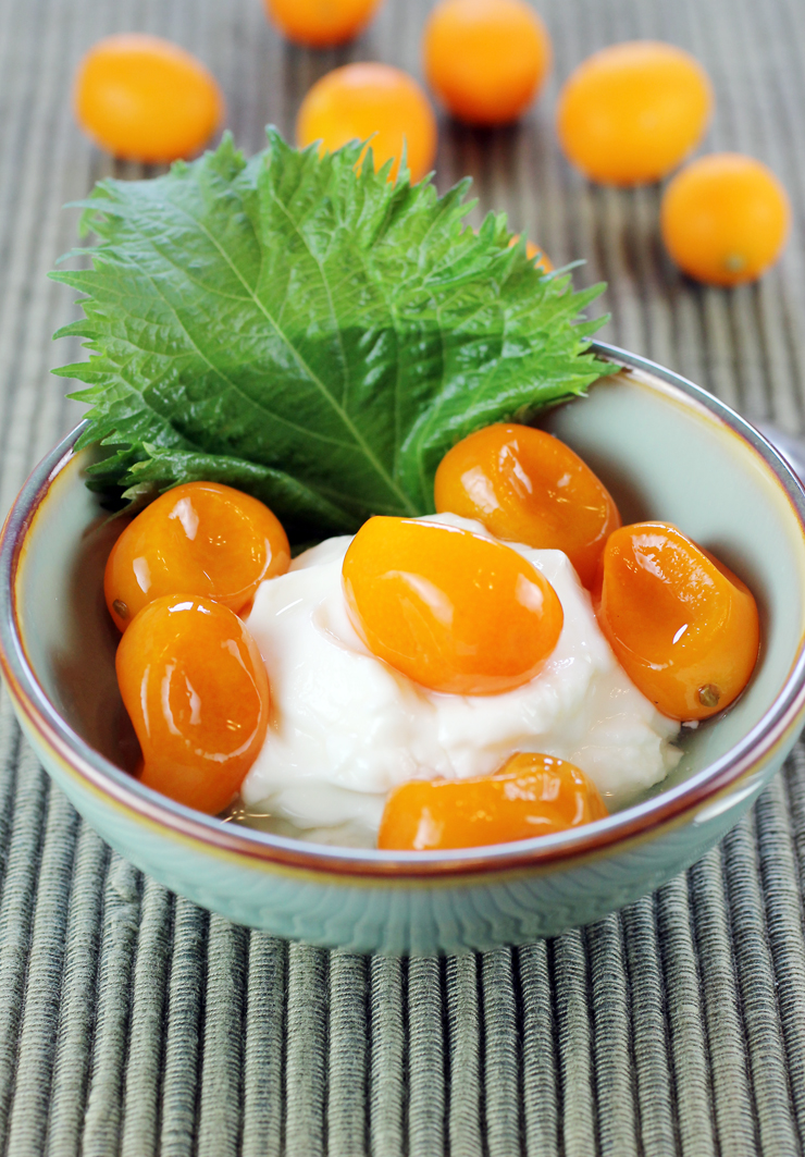 Plump, juicy kumquats simmered in sake, sugar and shiso make a divine topper for so many things.